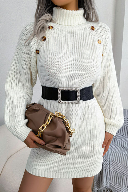 Ribbed Turtleneck Shoulder Button Trim Sweater Mini Dress