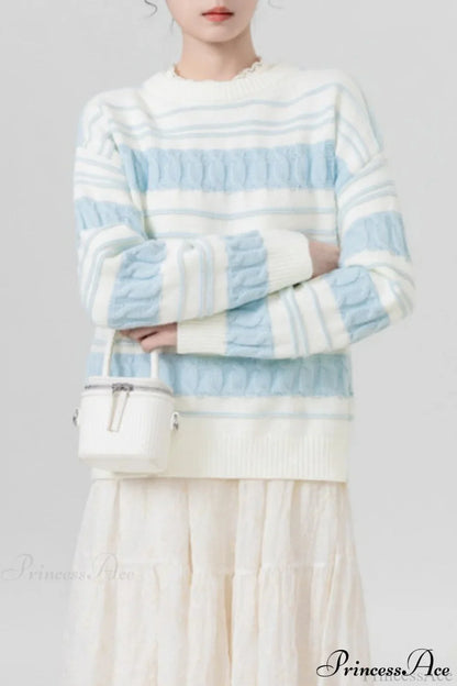 Creamy Stripe Cable-Knit Loose Sweater