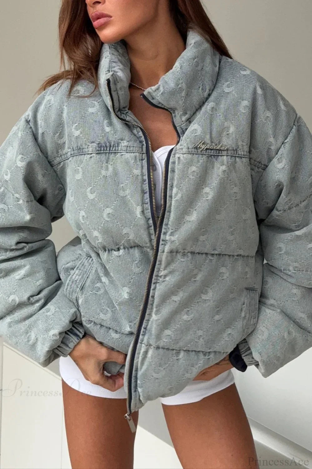 Crescent Print Allover Jacquard Relaxed Stand Collar Coat