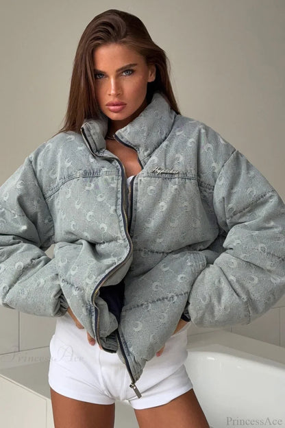 Crescent Print Allover Jacquard Relaxed Stand Collar Coat