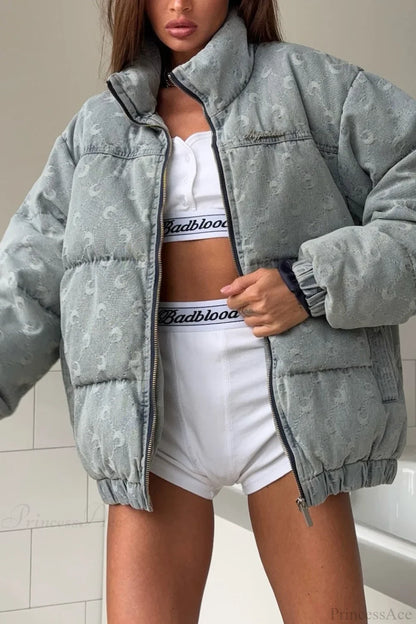 Crescent Print Allover Jacquard Relaxed Stand Collar Coat