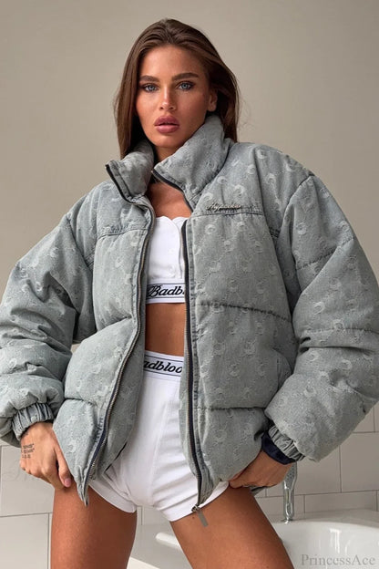 Crescent Print Allover Jacquard Relaxed Stand Collar Coat