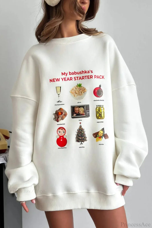 Crew Neck Cartoon Print Fleece Lined Sweatshirts