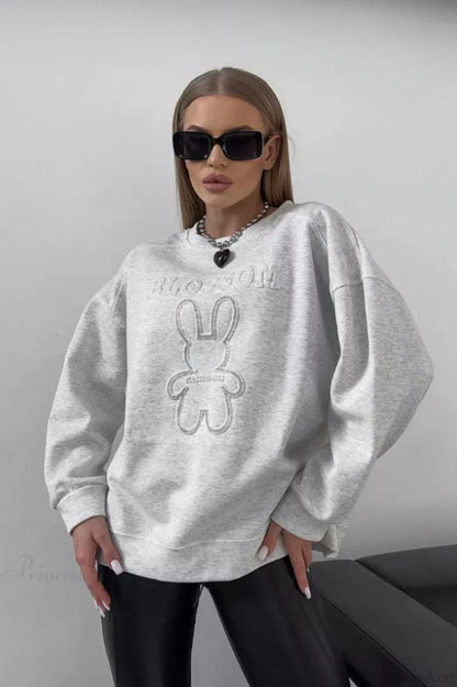 Crew Neck Chic Oversized Embossed Rabbit Sweatshirt