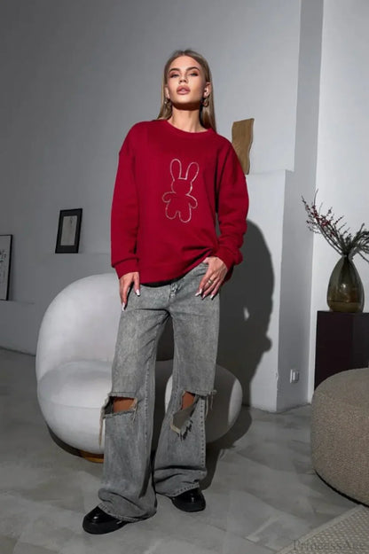 Crew Neck Chic Oversized Embossed Rabbit Sweatshirt