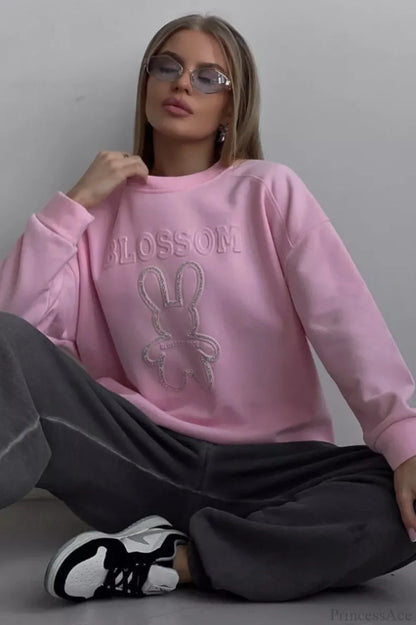 Crew Neck Chic Oversized Embossed Rabbit Sweatshirt
