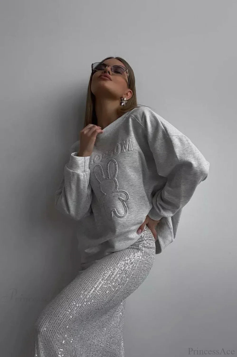 Crew Neck Chic Oversized Embossed Rabbit Sweatshirt