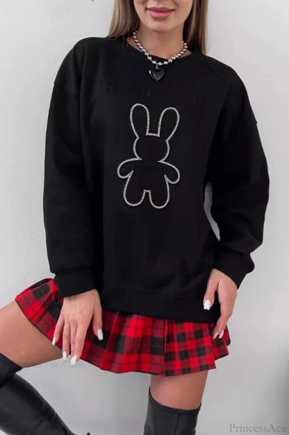 Crew Neck Chic Oversized Embossed Rabbit Sweatshirt