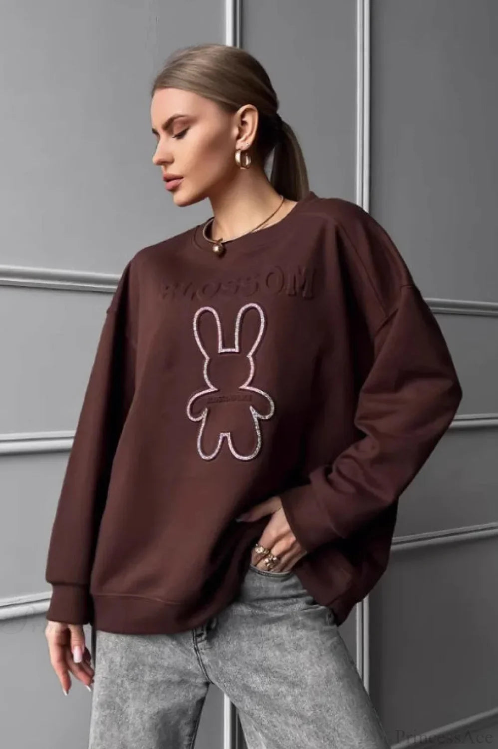 Crew Neck Chic Oversized Embossed Rabbit Sweatshirt
