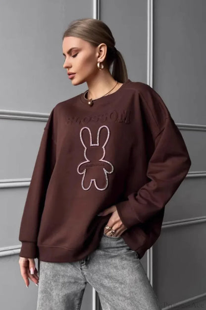 Crew Neck Chic Oversized Embossed Rabbit Sweatshirt