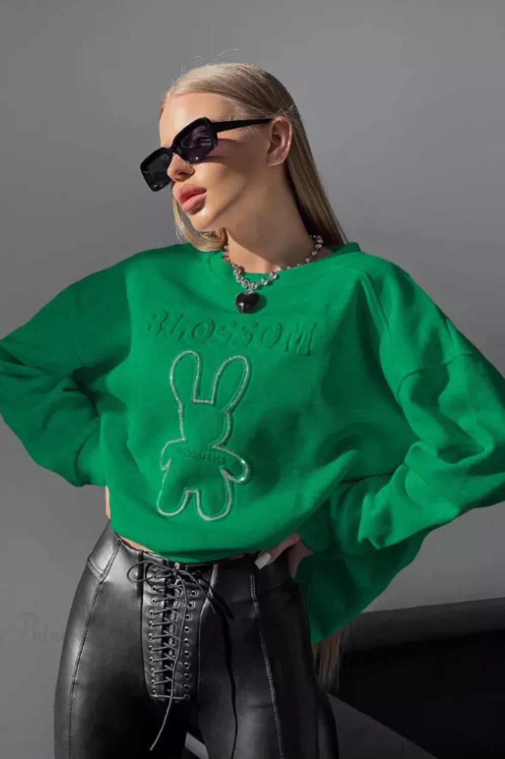 Crew Neck Chic Oversized Embossed Rabbit Sweatshirt