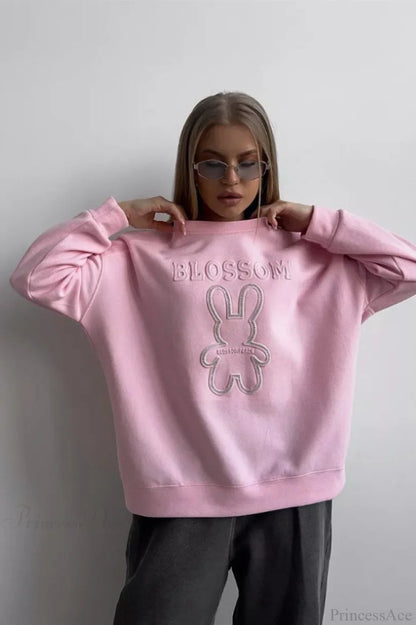 Crew Neck Chic Oversized Embossed Rabbit Sweatshirt