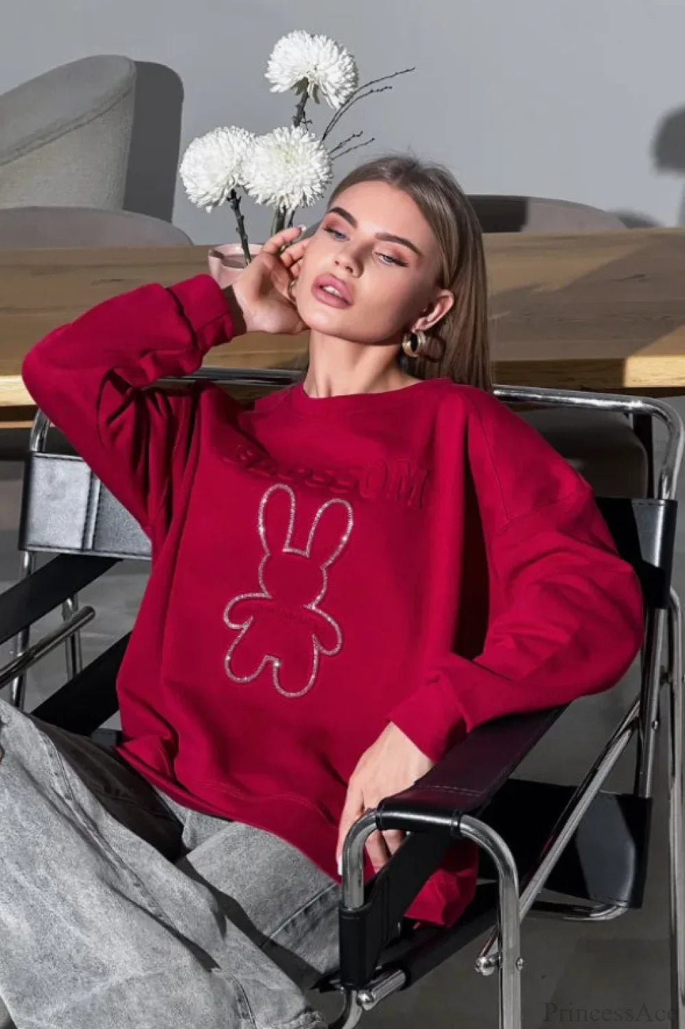 Crew Neck Chic Oversized Embossed Rabbit Sweatshirt