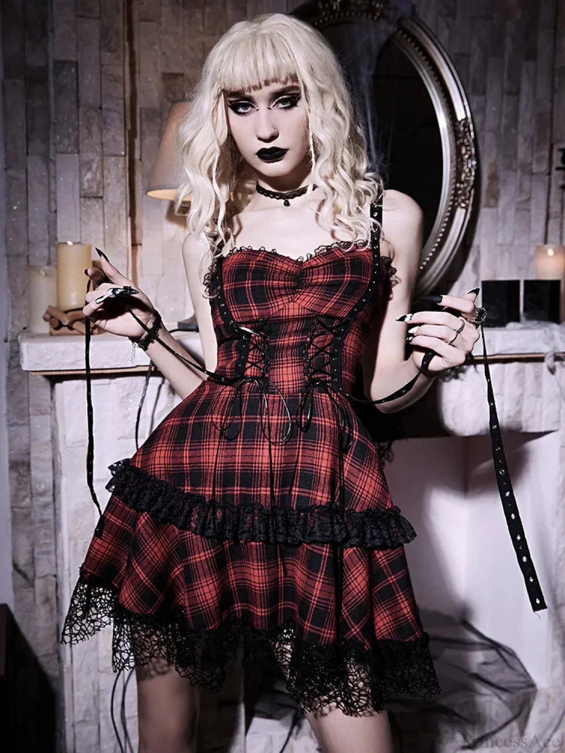 Tartan Plaid Lace-Up Corset Sweetheart Tiered Ruffle Lace Trim Mini Dress