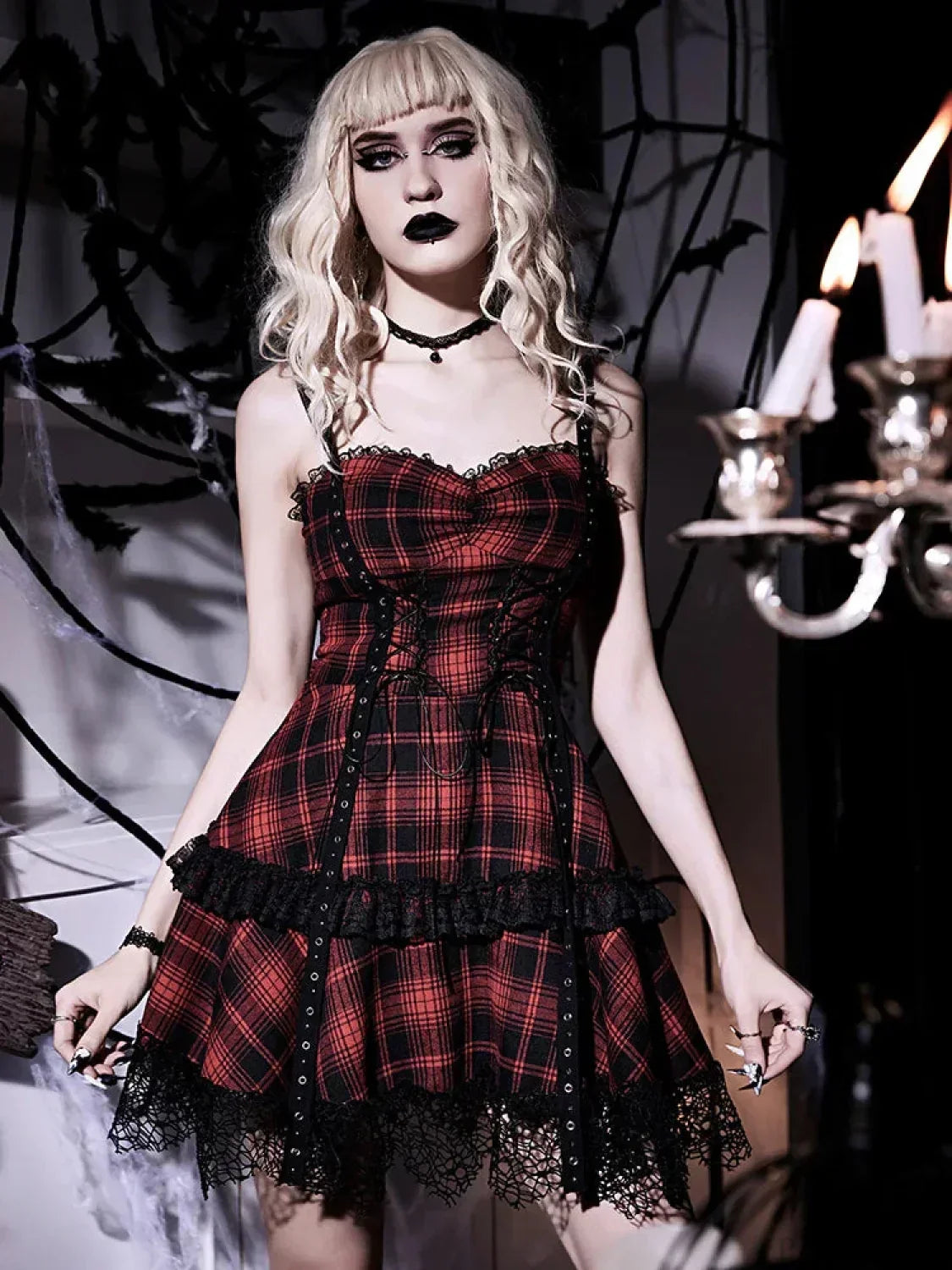 Tartan Plaid Lace-Up Corset Sweetheart Tiered Ruffle Lace Trim Mini Dress