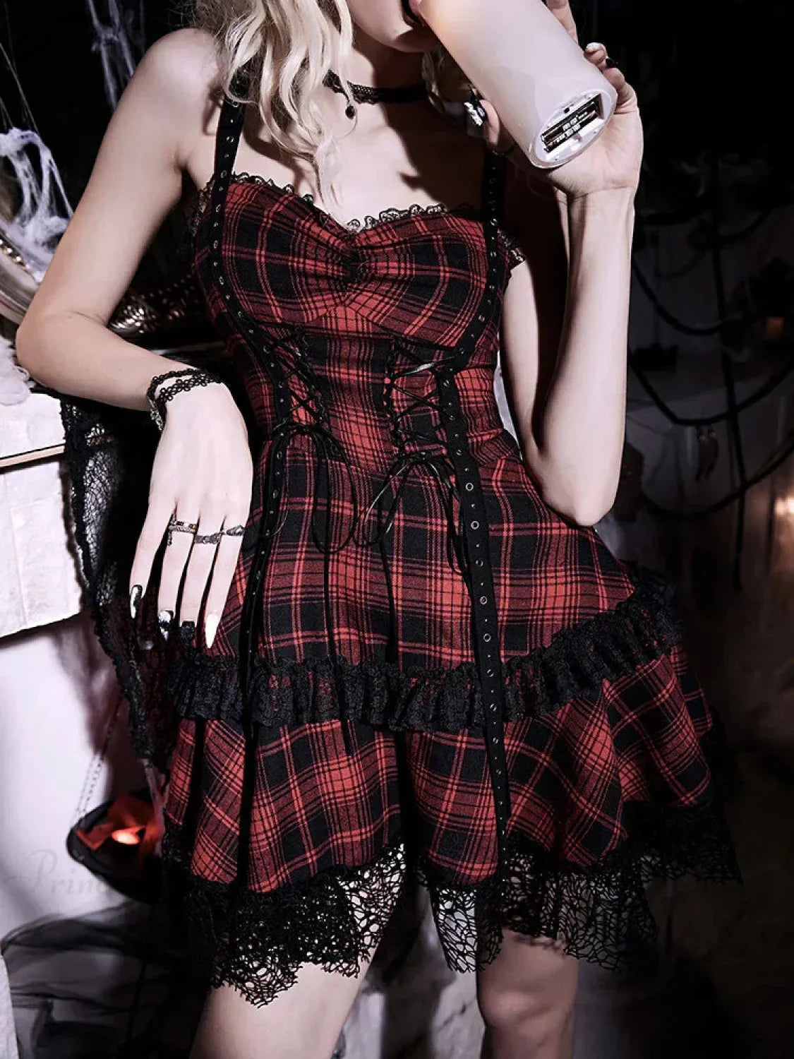 Tartan Plaid Lace-Up Corset Sweetheart Tiered Ruffle Lace Trim Mini Dress