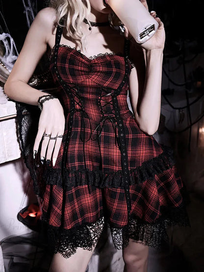 Tartan Plaid Lace-Up Corset Sweetheart Tiered Ruffle Lace Trim Mini Dress