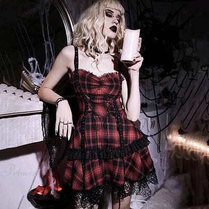 Tartan Plaid Lace-Up Corset Sweetheart Tiered Ruffle Lace Trim Mini Dress