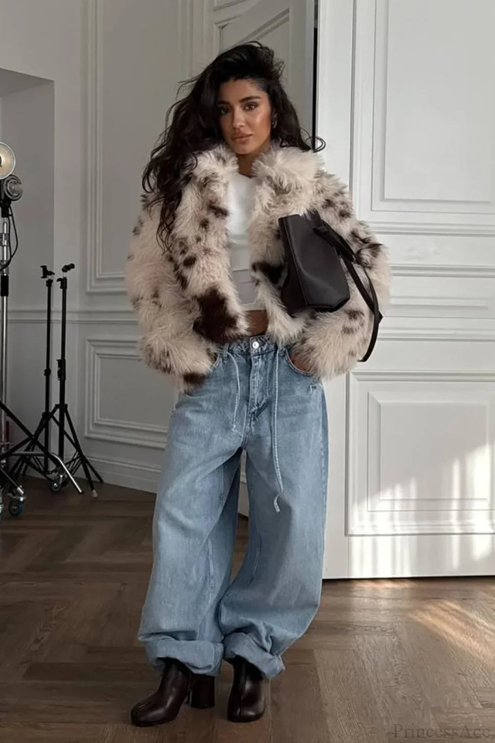 Cropped Cow Print Fuzzy Loose Warm Coat