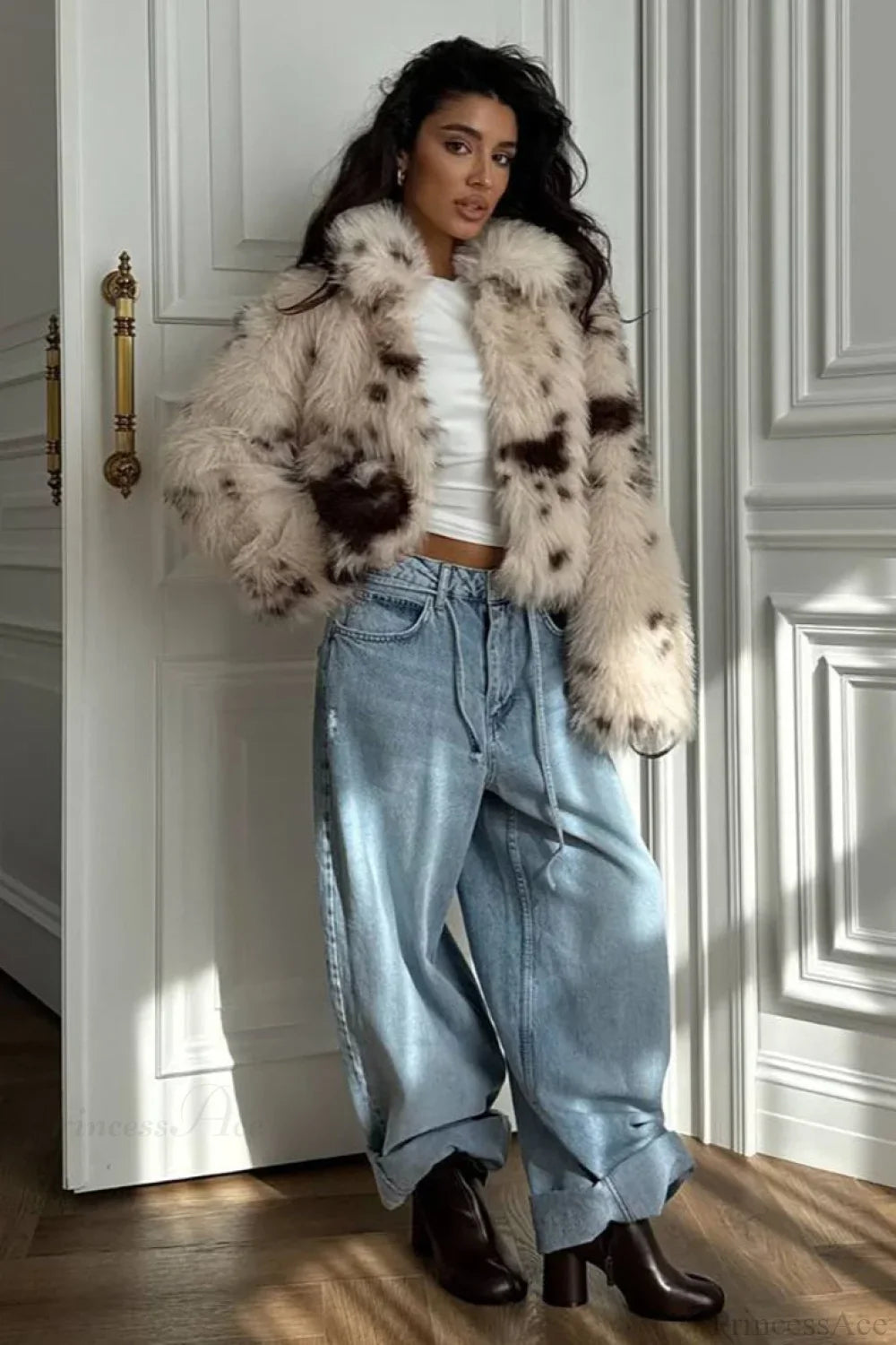 Cropped Cow Print Fuzzy Loose Warm Coat