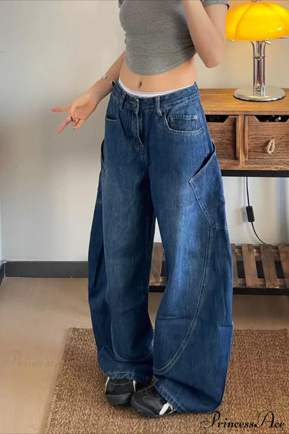 Curved Denim High Waist Loose Cargo Pants