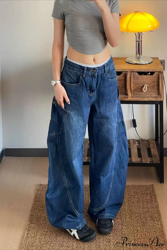 Curved Denim High Waist Loose Cargo Pants