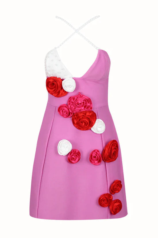 Pearl Strap Rosette Applique Sweetheart A-Line Mini Dress