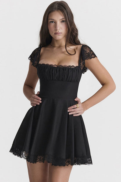 Square Neck Ruched Bust Lace Cap Sleeve High Waist Lace Hem Fit and Flare Mini Dress