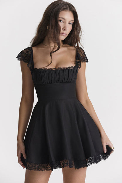 Square Neck Ruched Bust Lace Cap Sleeve High Waist Lace Hem Fit and Flare Mini Dress