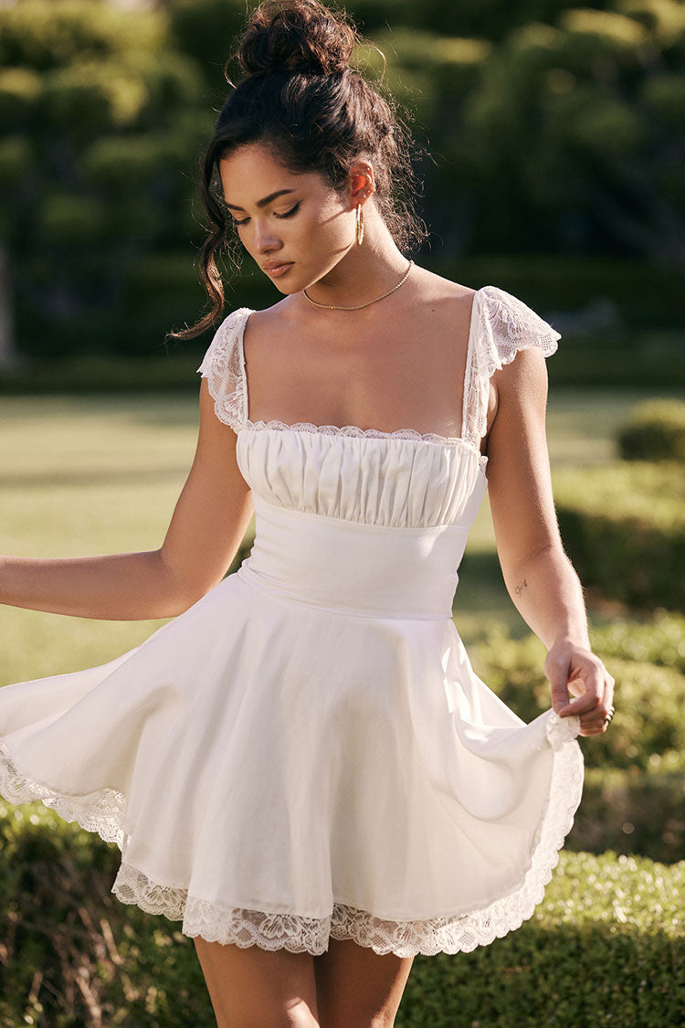 Scalloped Lace Cap Sleeve Square Neck Fit and Flare Mini Dress