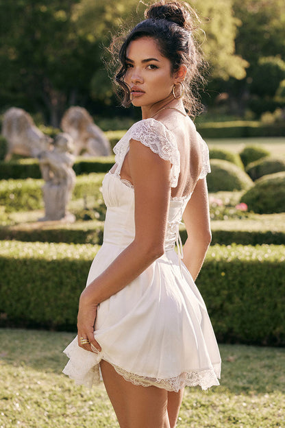 Scalloped Lace Cap Sleeve Square Neck Fit and Flare Mini Dress