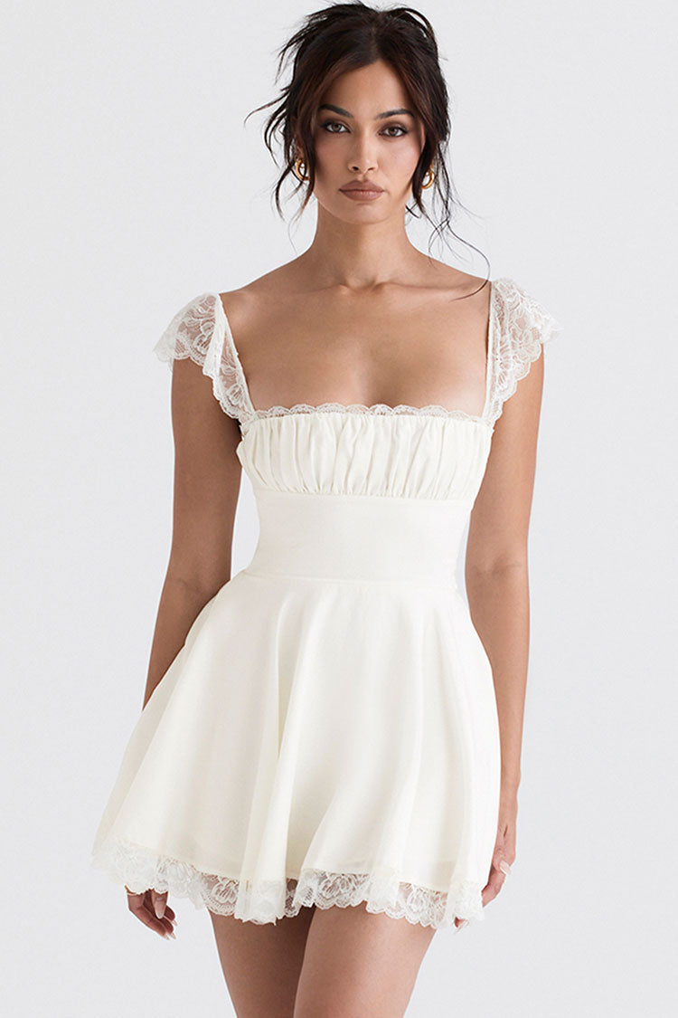 Scalloped Lace Cap Sleeve Square Neck Fit and Flare Mini Dress