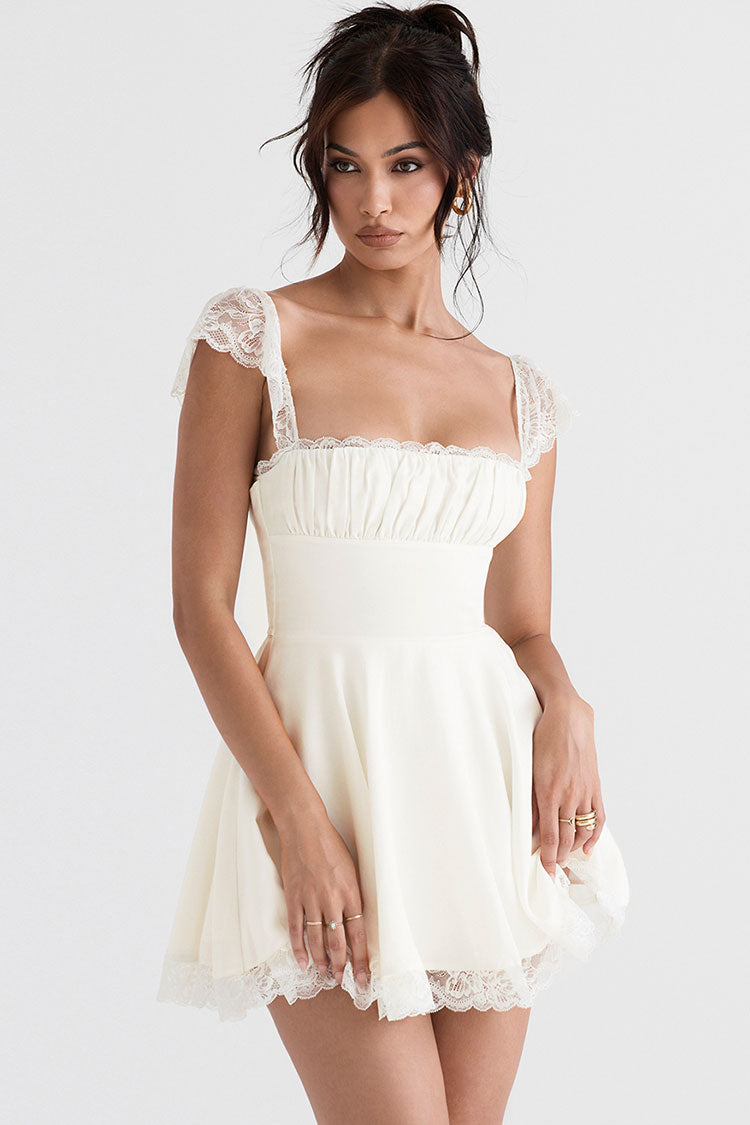 Scalloped Lace Cap Sleeve Square Neck Fit and Flare Mini Dress