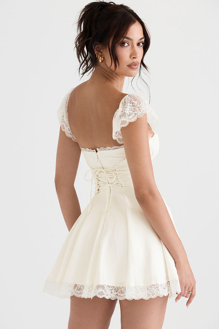 Scalloped Lace Cap Sleeve Square Neck Fit and Flare Mini Dress