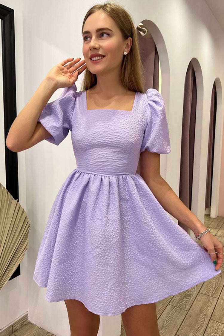 Square Neck Puff Sleeve Textured Floral Seersucker Lace-Up Back Fit-and-Flare Mini Dress