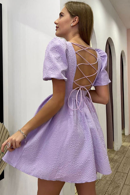 Square Neck Puff Sleeve Textured Floral Seersucker Lace-Up Back Fit-and-Flare Mini Dress