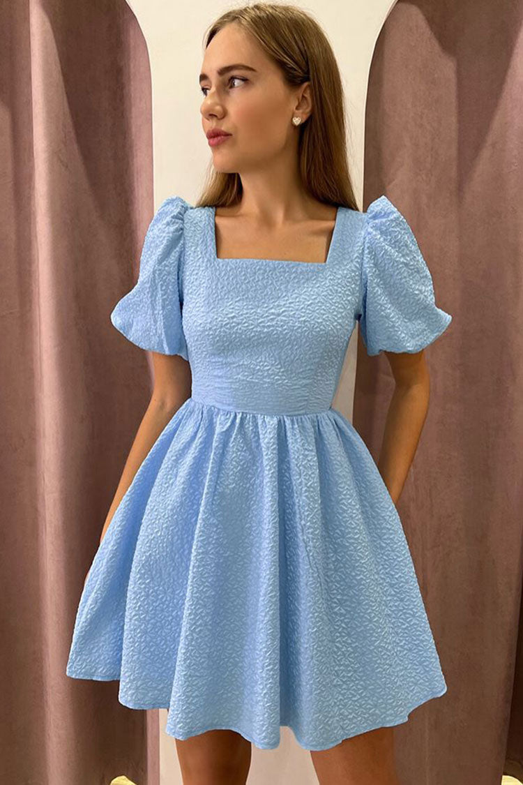 Jacquard Square Neck Puff Sleeve Lace Up Back Fit and Flare Mini Dress