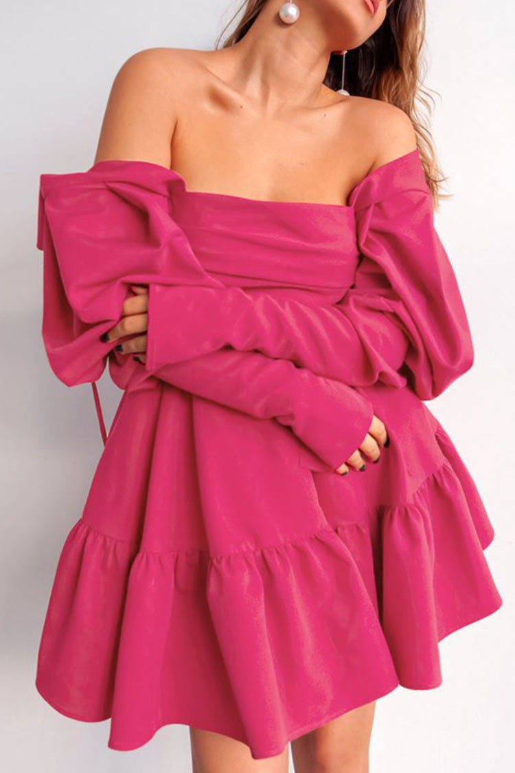 Off Shoulder Puff Sleeve Ruffle Hem Fit and Flare Crepe Mini Dress