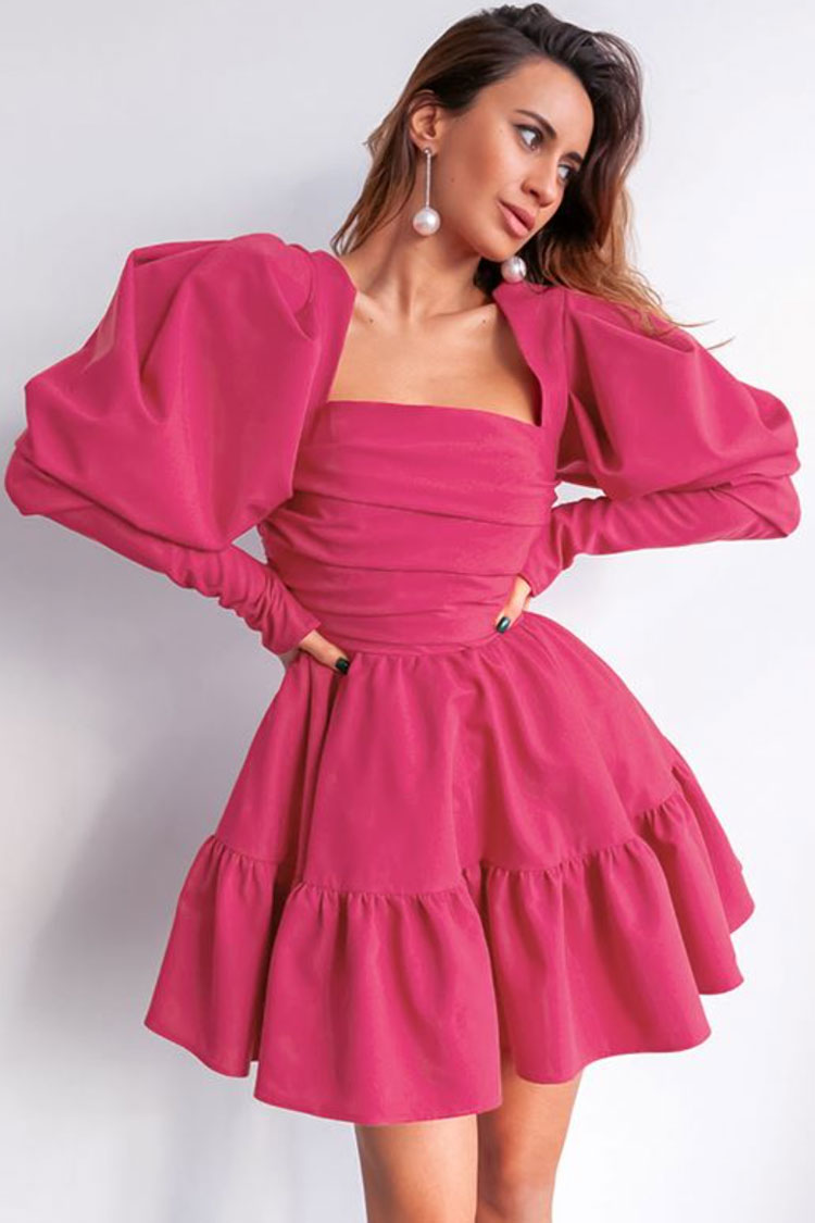 Off Shoulder Puff Sleeve Ruffle Hem Fit and Flare Crepe Mini Dress