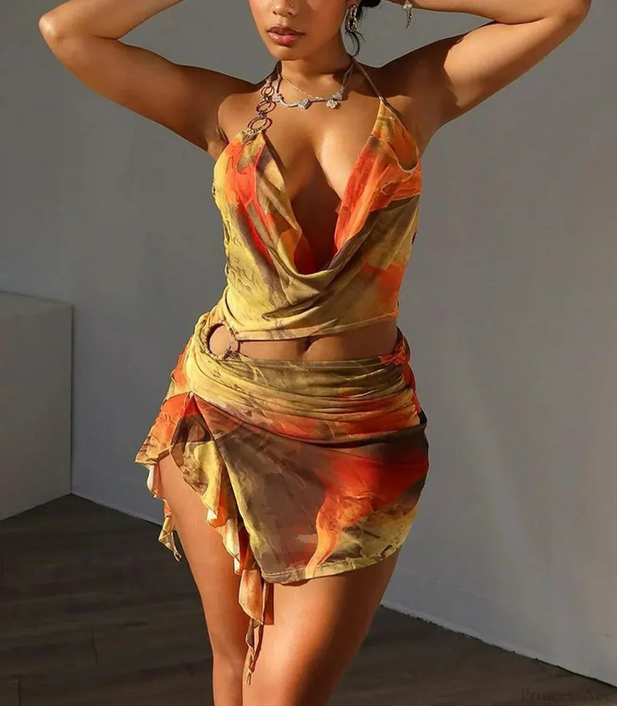 Halter Ring Link Cowl Crop Top Side Slit Ruffle Mini Skirt Set
