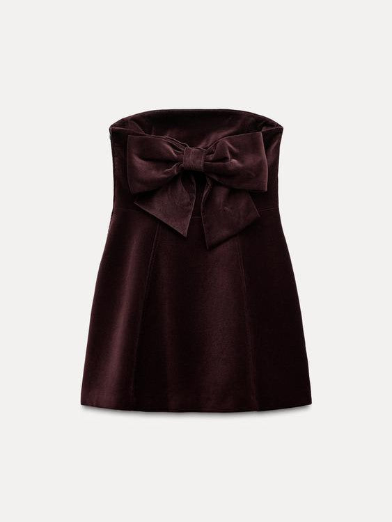 Bow Applique Velvet Tube Short Dress