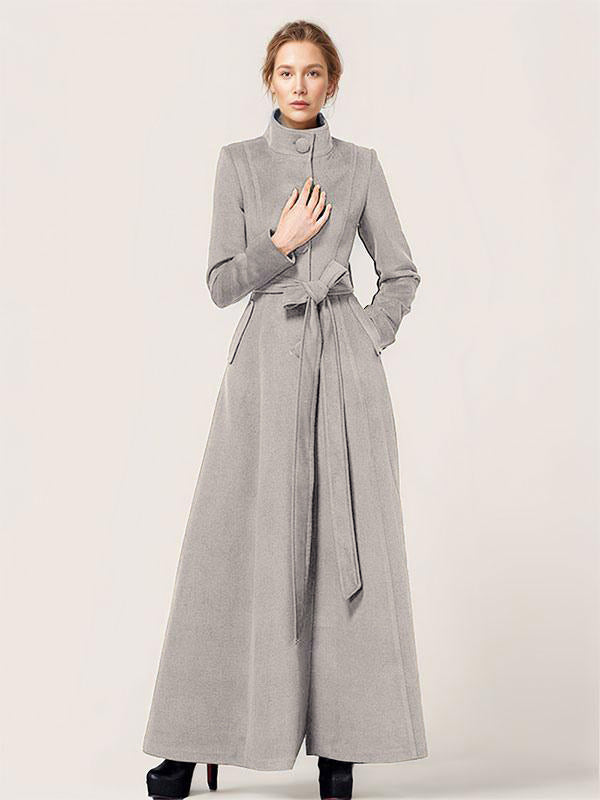 Long Wool Blend Coat Stand collar Belted Warm Classic Full-length Winter Outerwear For Women 2026