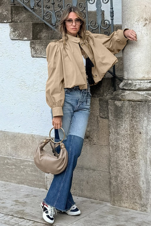 Short Khaki Puff Sleeve Trench Coat