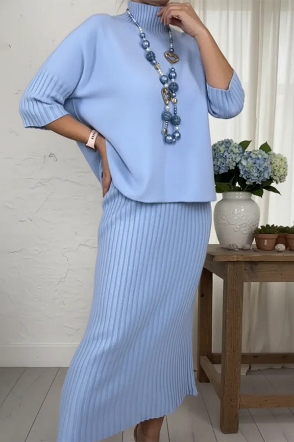 Solid Color Loose-fitting Turtleneck Knit Sweater and Stretchy Elegant Midi Skirt Set