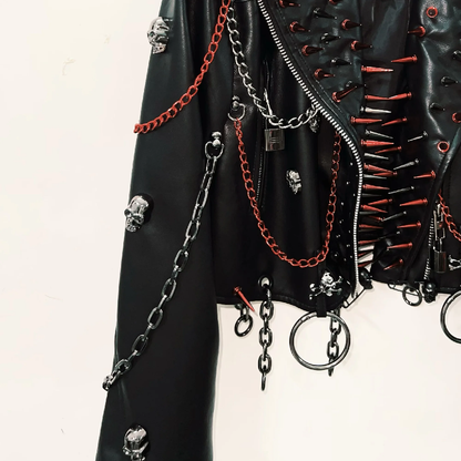 Long sleeve zip-up PU leather metal chain o ring top