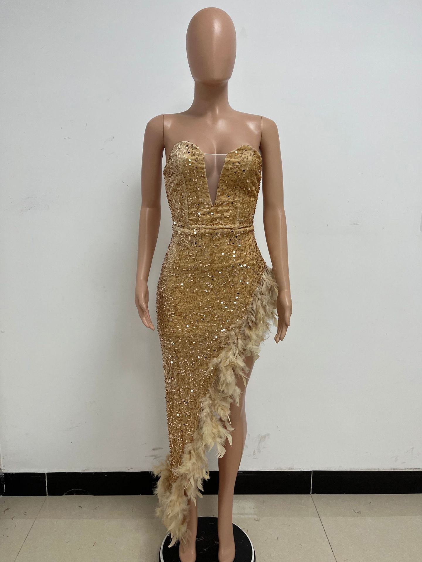 Burgundy Sequin Dresses Strapless Plunge Lace-up Back Feather Birthday Party Dresses