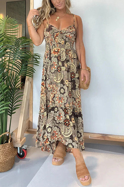 Neck Back Lace-up Slit Floral Print Maxi Cami Dress