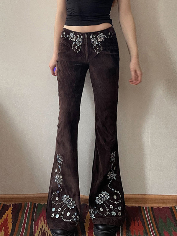 Brown Vintage Embroidered Flap Waist Design Flare Jeans