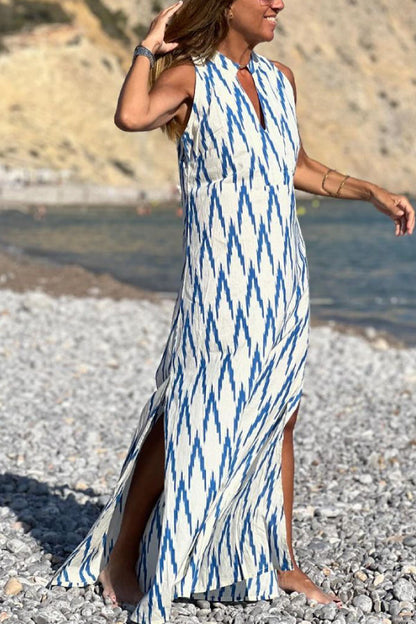 Blue Printed Casual Sleeveless Long Dress