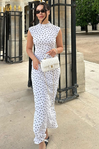 Elegant Polka Dot Round Neck Maxi Dress